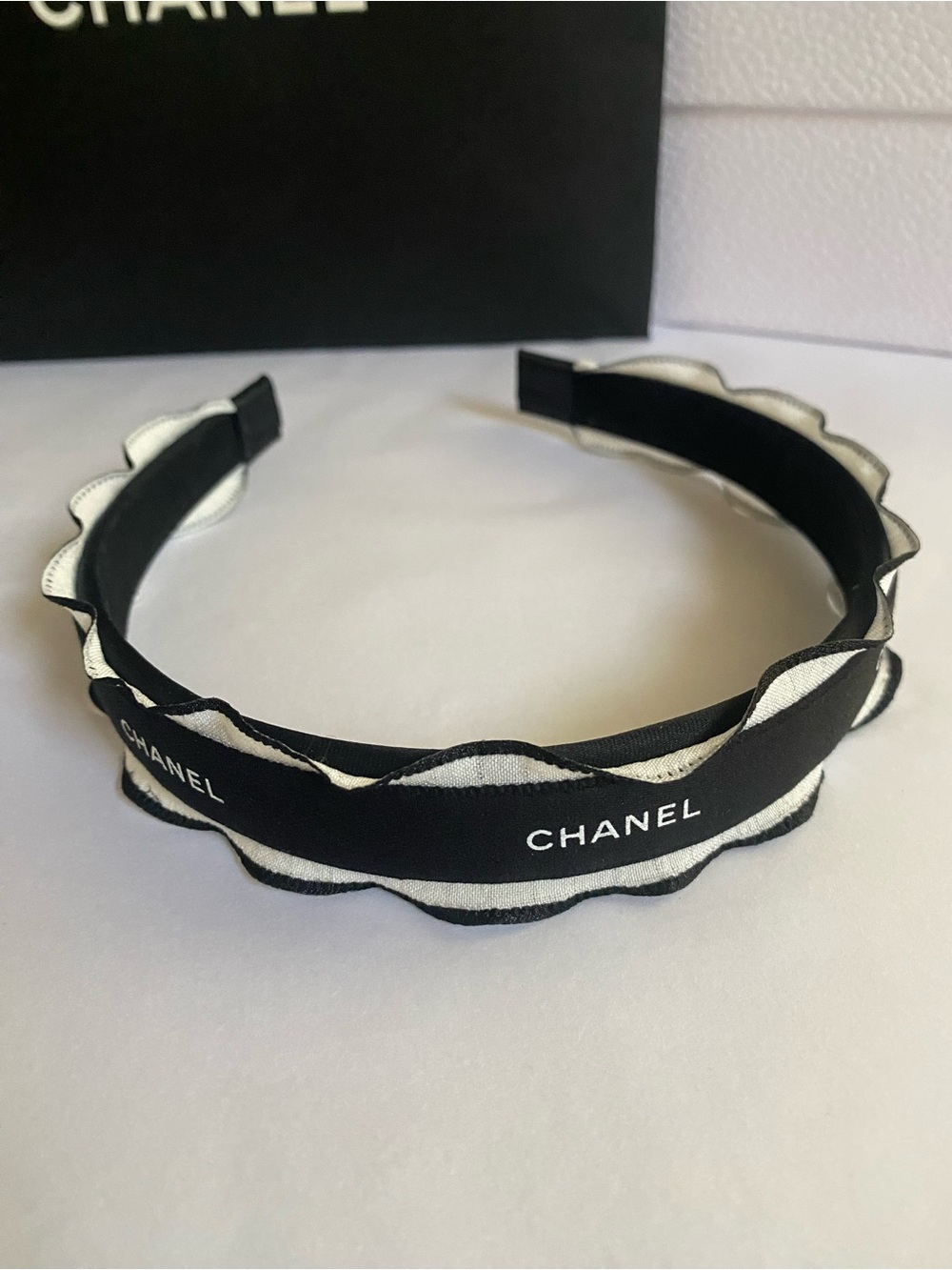 Chanel Ribbon Black & White Ruffle Edge Headband